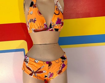 1970s vintage orange butterfly bikini Maidenform m 2 piece swimsuit bathing suit