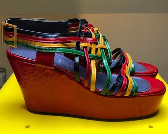 1970s vintage rainbow platform wedges sandals by Shoe Biz jerry Edouard size 7.5 shoes