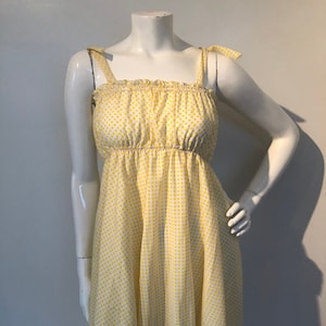 1970s 70s vintage yellow polka dot tent dress empire waist sz xs s 1960s 60s lemon maternity summer cotton peasant cottage core princess