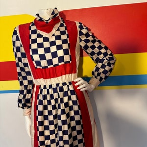 1970s 70s vintage silk Rizkallah Malcolm Starr checker day dress m 1960s 60s designer square scarf midi cocktail work shift red white blue