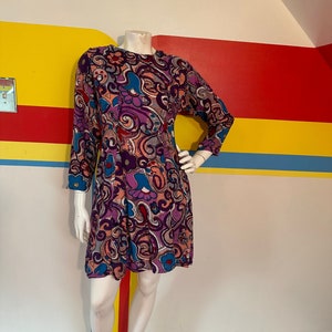 1990s 90s vintage flower power rayon graffiti minidress s babydoll Passports psychedelic swirl mini dress purple orange 1960s 60s floral