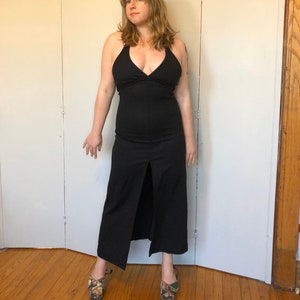 1970s 70s vintage black halter maxi dress high slit black m backless gown polyester summer 1960s 60s sheath body con v neck plunge disco