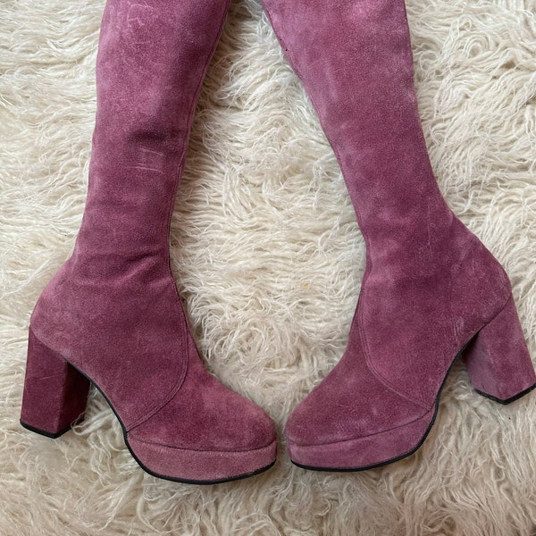 1970s 70s vintage dusty rose pink platform boots glam gogo sz 7 by Alpine shoes platforms disco knee high biba