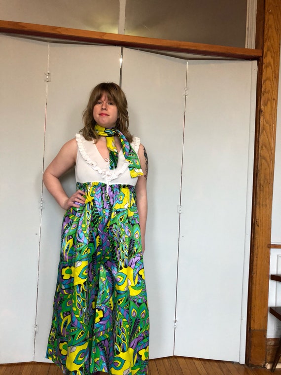 1960s Palazzo Leg Peacock jumpsuit m
