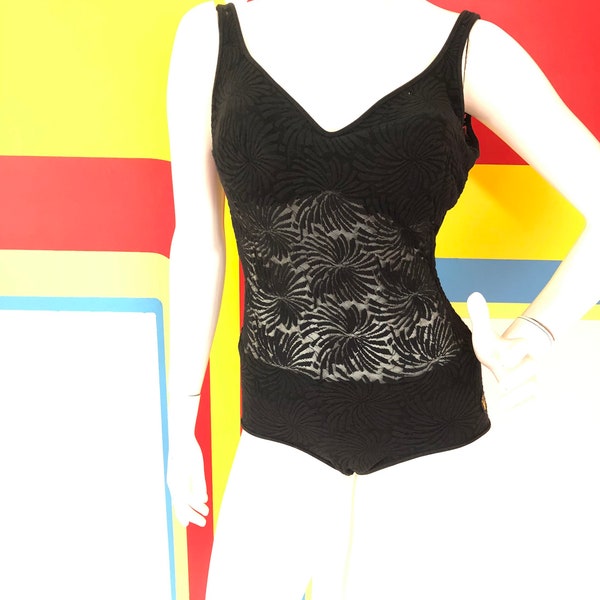 1960s 60s vintage Bond girl illusion black sheer bathing suit scandal swim suit sz sm one piece