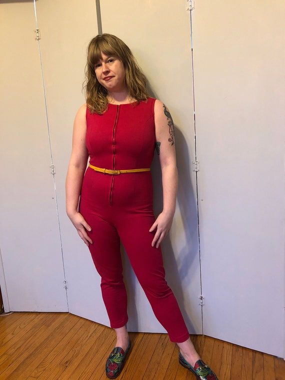 1960s vintage hot pink knit catsuit jumpsuit body con… Gem