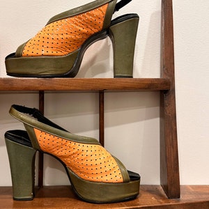 1970s 70s vintage platform shoes size 7.5 green yellow projections with box nwb high heels pumps disco party glam footwear boots