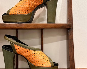 Chaussures plateforme vintage des années 1970 taille 7,5 projections jaune vert avec boîte