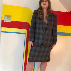 1990s 90s vintage teal and brown check skirt suit by weathervane sz m / l jacket blazer 2 piece set 1980s 80s office work wear plaid tartan