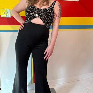 1970s 70s vintage Fredericks of Hollywood jumpsuit M animal print party giraffe leopard cut-out bell bottom pant suit fredricks 1960s 60s