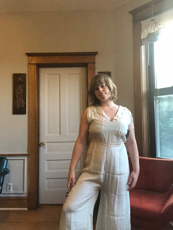 1930s mint silk jumpsuit beach pajamas sz m / l