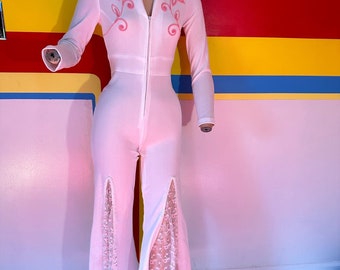 1970s 70s vintage fredericks of hollywood jumpsuit Elvis bride wedding white and pink bellbottom