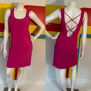 1990s 90s vintage hot pink body con mini dress fredericks of hollywood sz m 1980s 80s cut out backless nylon spandex flygirl fredricks club