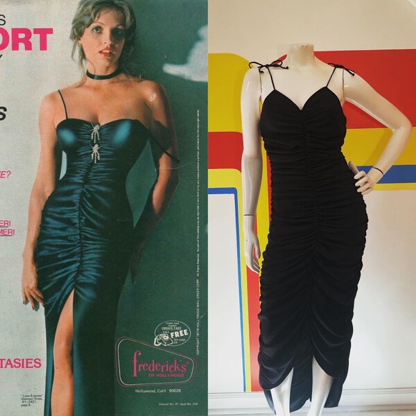 1970s vintage black disco dress sz m fredericks ruched slinky sleeveless strappy midi party cocktail