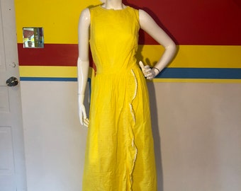 1970s vintage Sunshine Yellow Cotton Maxi seersucker dress sz l cottagecore