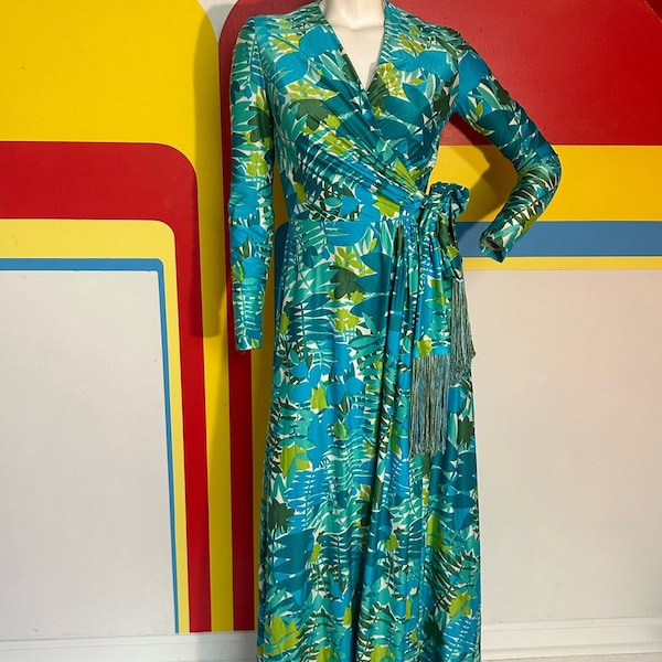 1970s vintage botanical wrap maxi dress with fringe belt by Rona New York fern teal green small polyester jersey gown