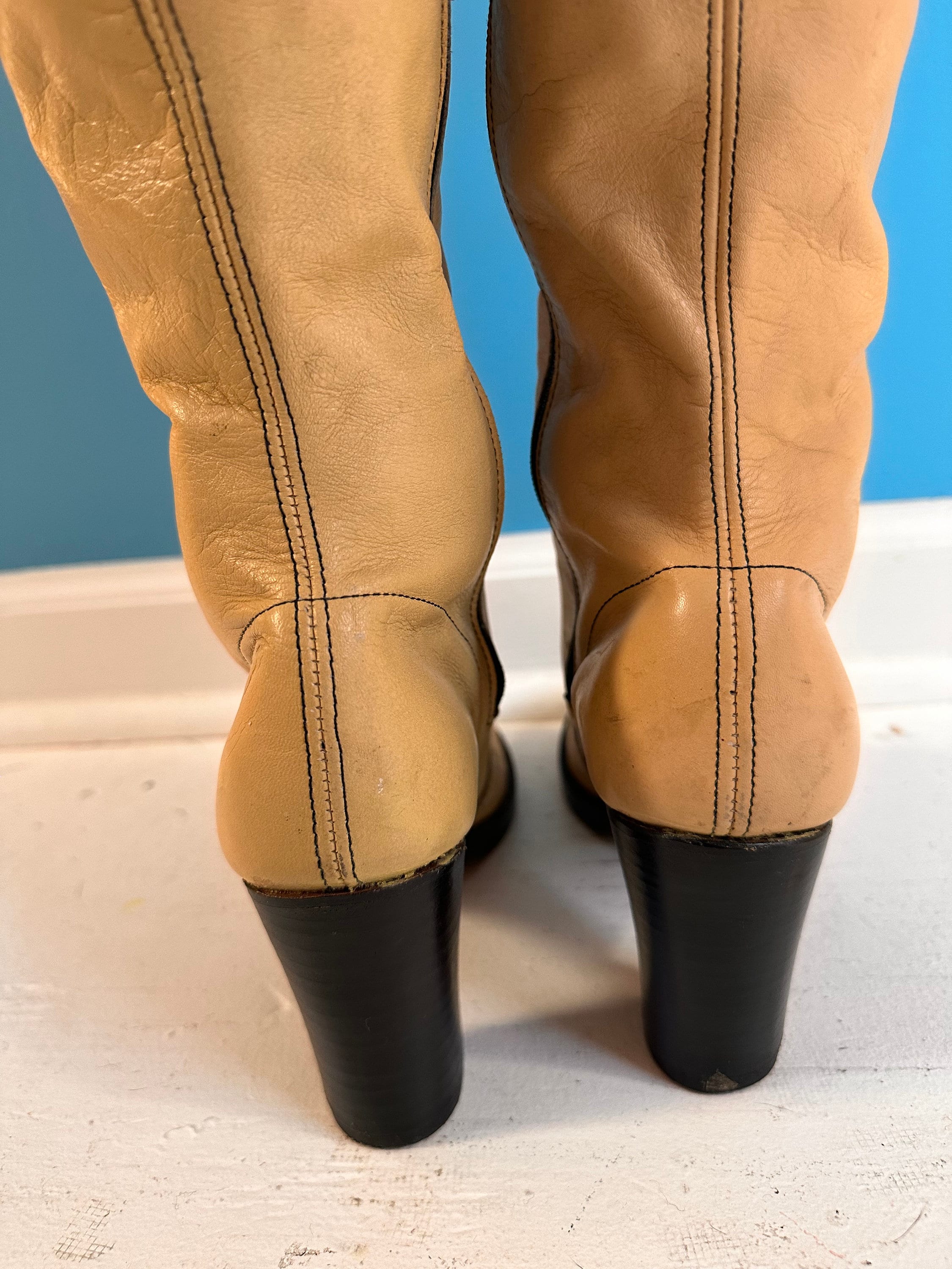 1970s 70s Vintage Butter Tan Knee High Boots Size 7 Leather Gogo Boot ...
