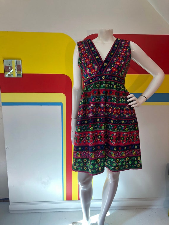 1970s dayglo floral minidress babydoll sundress s… - image 1