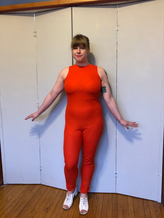 1960s Fredericks of Hollywood Orange Ribbed Jumpsu