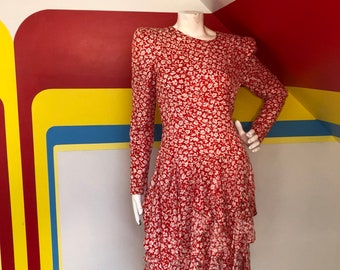 Late 80s vintage red floral Carolina Herrera silk dress sz s designer ruffle