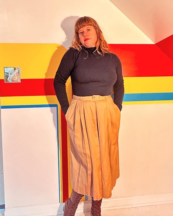 1970s 70s Vintage Khaki Midi Skirt With Pockets Safari Klute Sz M