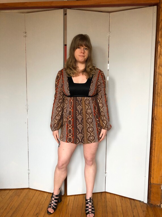 60s Young Edwardian tapestry print mini dress sz s