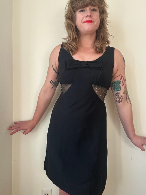 1960s 60s Vintage Black Midriff Cut Out Cocktail Dress Mini Dress Party Bow Illusion Lbd Aline Rhinestone See Through M Mod