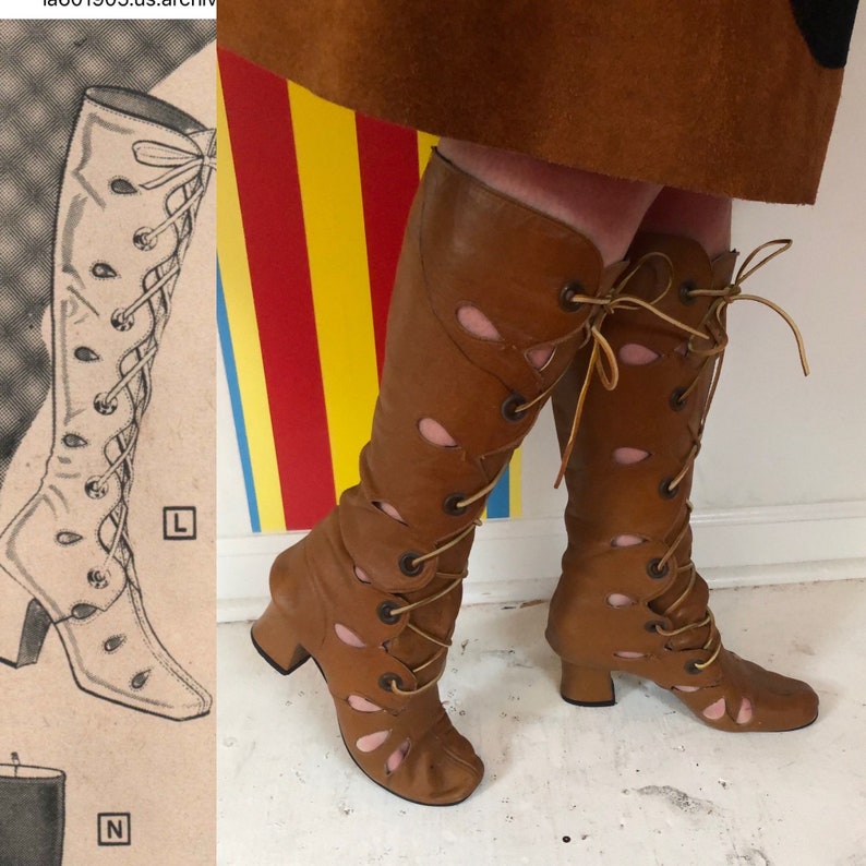 May include: Brown leather knee-high boots with cutouts and lace-up closures. The boots have a chunky heel and a pointed toe.