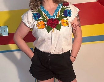 1970s vintage embroidered hippie cotton blouse Mexican sz l plus