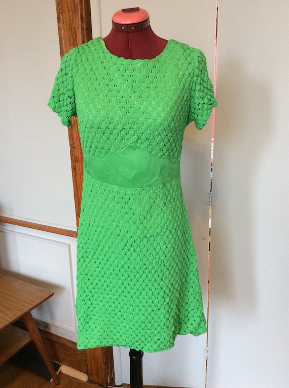 1960s Candy Apple Green Waffle Knit Babydoll Mini… - image 1