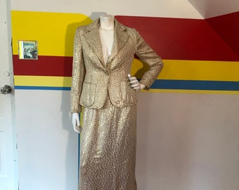1970s vintage Bill Blass Gold Lurex dinner skirt suit sz m jacket disco metallic party cocktail designer outfit maxi