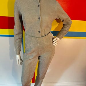 1960s 60s Vintage Rudi Gernreich silver lurex pant suit 2 piece set blouse top space age metallic outfit trousers cigarette beatnik 1970s 70