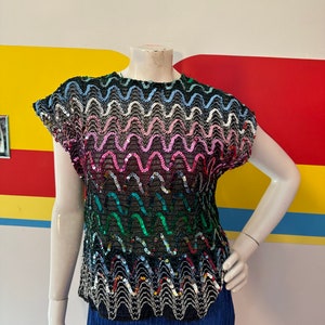 1970s 70s vintage rainbow sequin disco blouse sz m biba shirt top party cocktail studio 54 marc bolan t.rex 1980s 80s sequence sparkle glam
