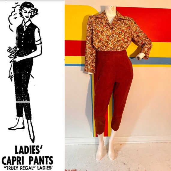 Early 60s 1960s vintage cotton cordoroy pedal pushers rust brown sz xxs 1950s 50s capris cigarette pants orange fall truly regal trousers