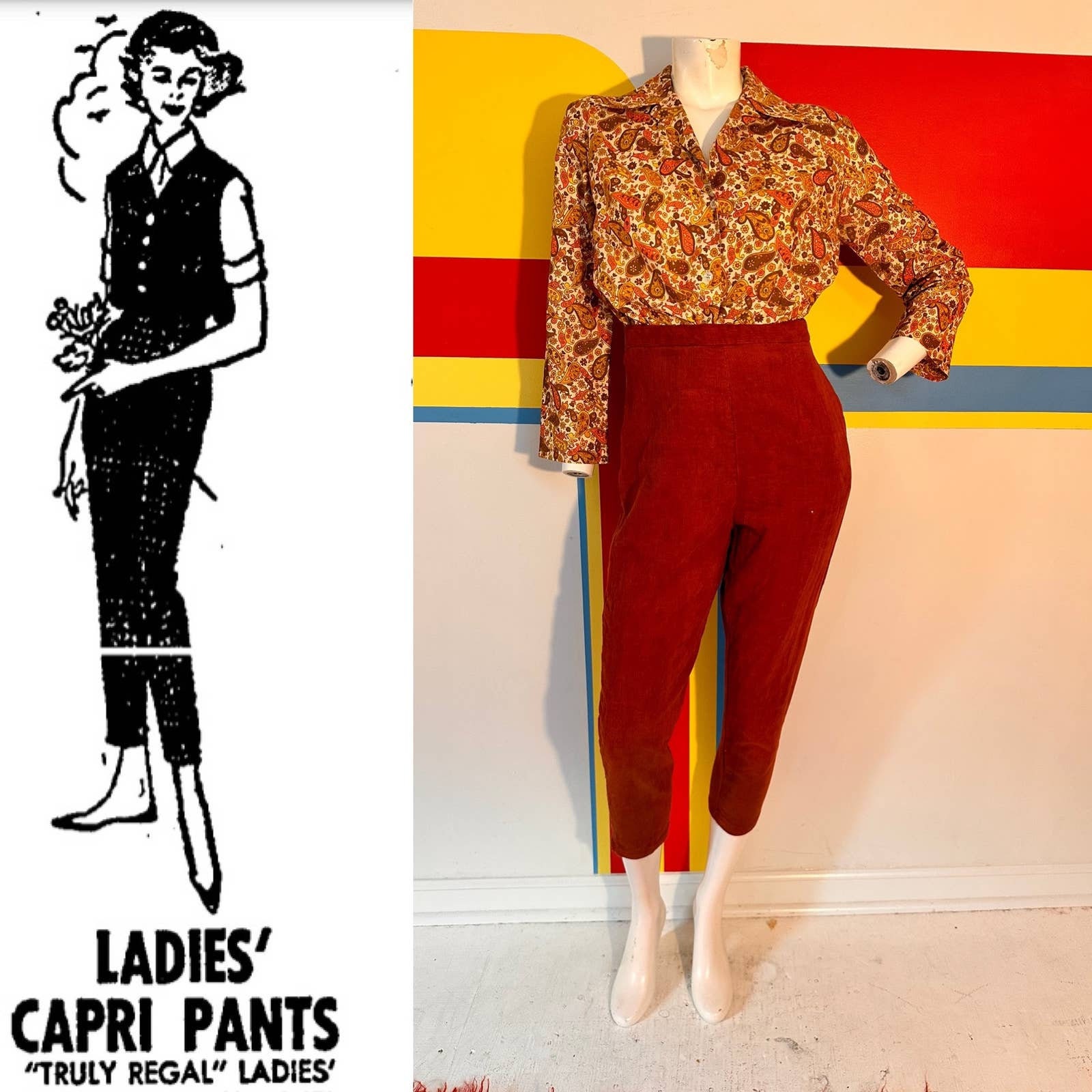 Early 60s 1960s Vintage Cotton Cordoroy Pedal Pushers Rust Brown