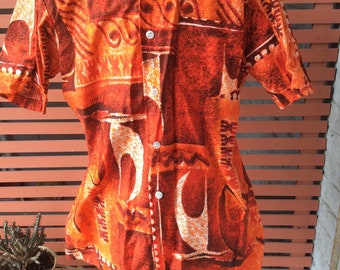 1960s orange tapa print tiki Hawaiian shirt Sz m