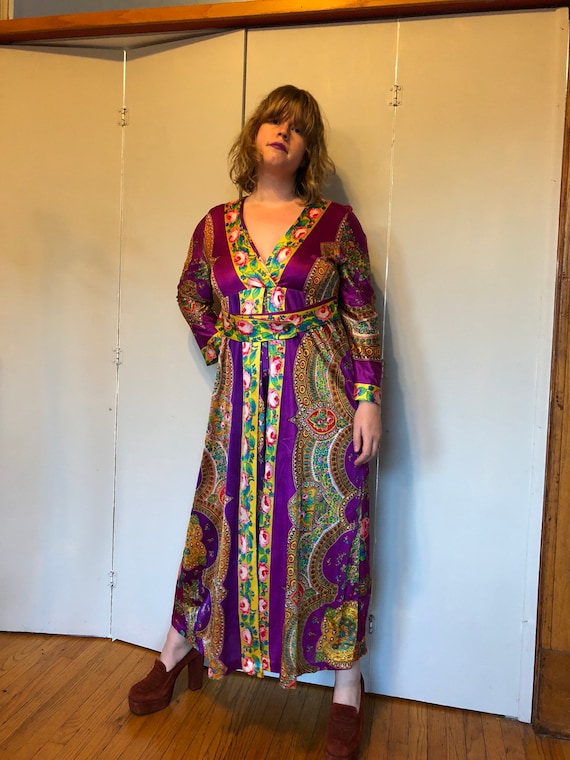 1970s Purple Paisley and Rose Palazzo apit dress j