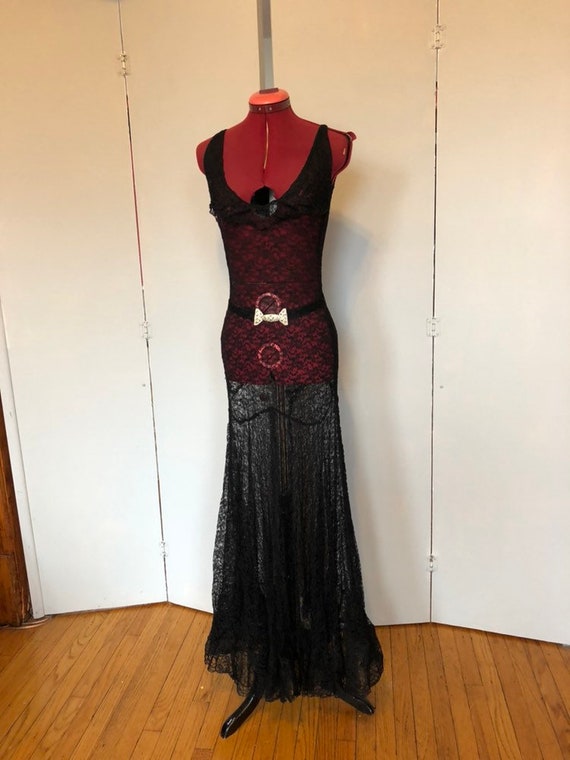 1930s black lace bias cut gown as is sz s