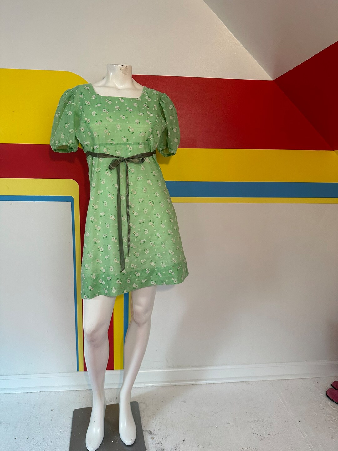 1960s Vintage Mint Green Babydoll Mini Dress Sz M Flocked Etsy