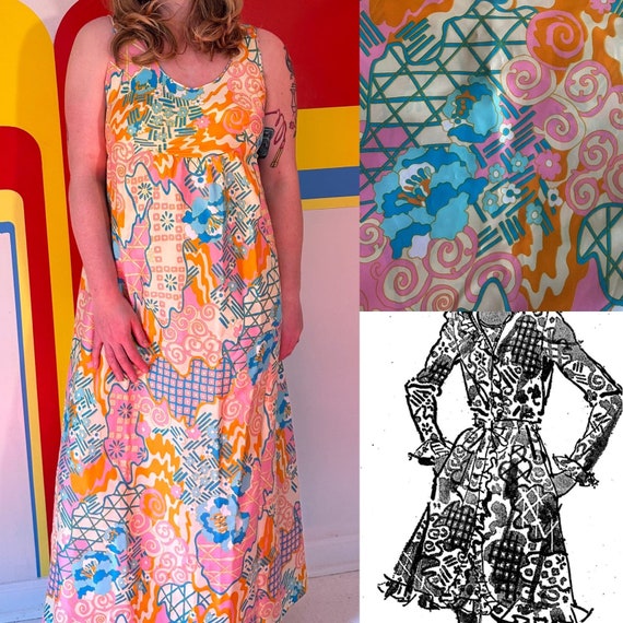 1970s pastel psychedelic maxi dress night gown flo