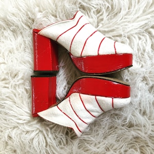 1970s 70s vintage Red White Candy Platform shoes Mules leather 6.5 7 disco glam heels patent pumps footwear stripe leather clog 1960s 60s