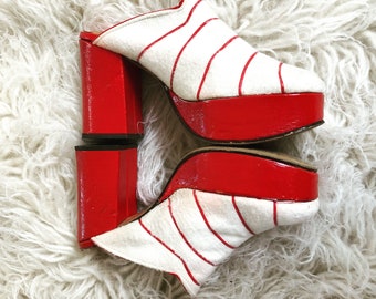 1970s 70s vintage Red White Candy Platform shoes Mules leather 6.5 7 disco glam heels patent pumps footwear stripe leather clog 1960s 60s