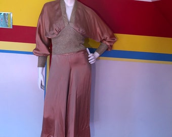 1970s rose gold glam rock satin and lurex pant suit palazzo sz s