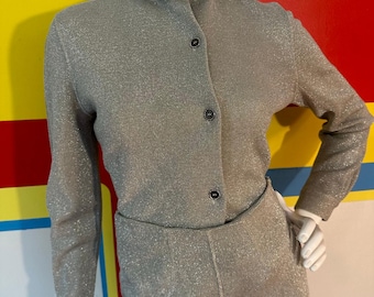 1960s 60s Vintage Rudi Gernreich silver lurex pant suit 2 piece set blouse top space age metallic outfit trousers cigarette beatnik 1970s 70