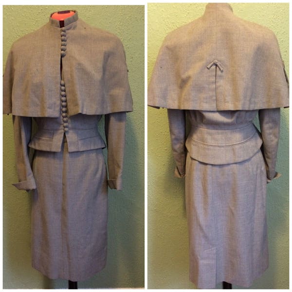 1940s Heather Grey Capelet Suit with peplum sz s/m