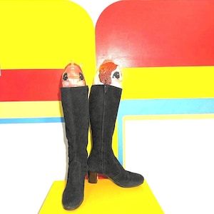 1970s 70s vintage black suede gogo boots 9 stack heel knee high shoes 1960s 60s wood leather footwear heels round toe grasshoppers shoes