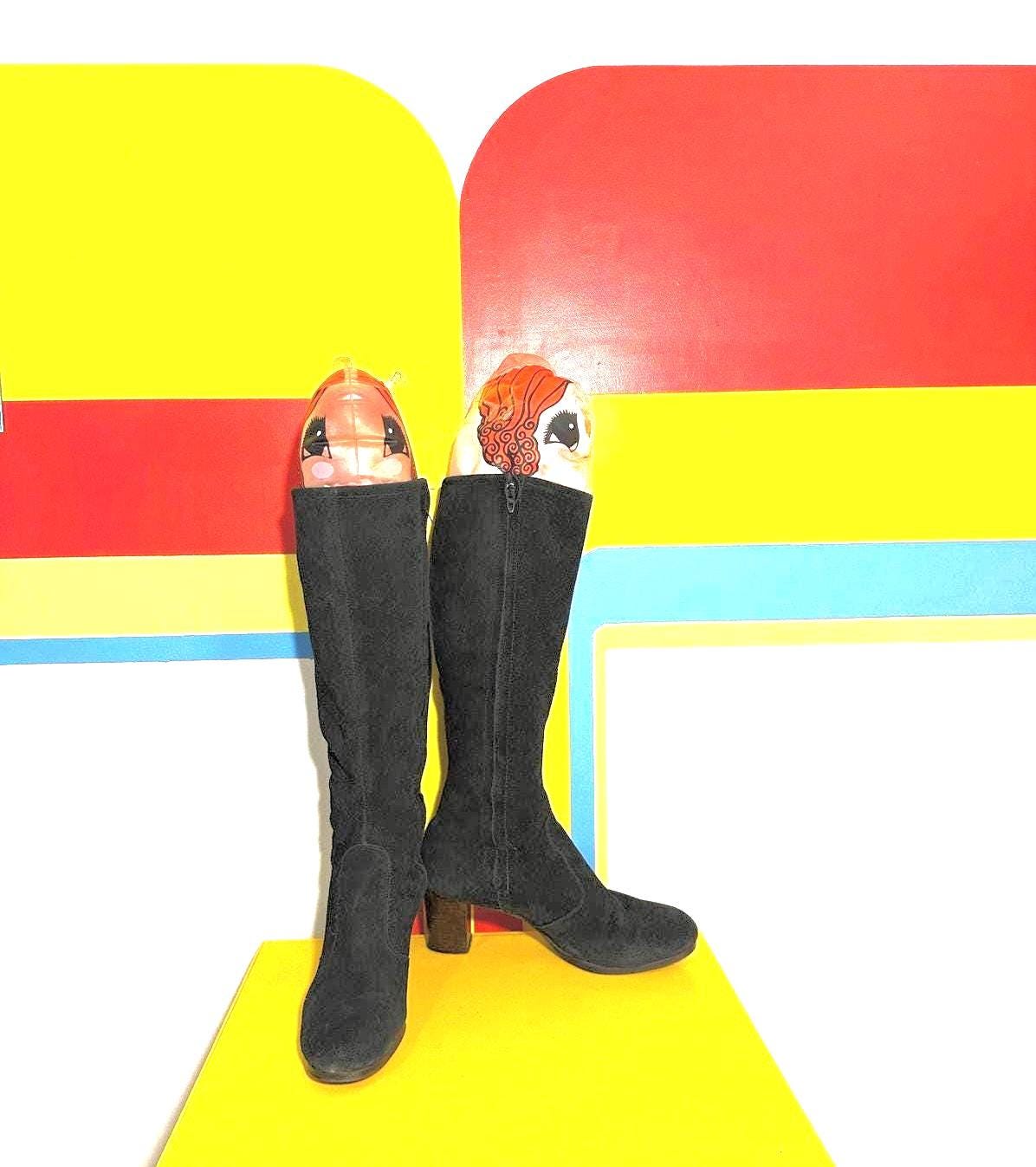 1970s 70s vintage black suede gogo boots 9 stack heel knee high shoes 1960s 60s wood leather footwear heels round toe grasshoppers shoes