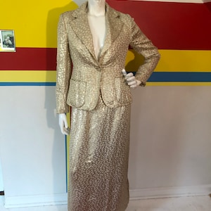 1970s 70s vintage Bill Blass Gold Lurex dinner skirt suit m jacket disco metallic party cocktail designer outfit maxi 2 piece set 1980s 80s