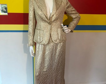 Anni '70, vintage, Bill Blass, abito da sera in lurex dorato, giacca lunga, cocktail party metallizzato, completo da stilista, set da 2 pezzi, anni '80