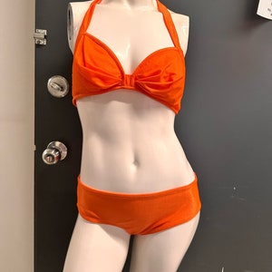 1970s 70s vintage orange bikini by Gottex sz m 2 piece halter top 1960s 60s bathing suit swimsuit pool party beach low cut mod swim halter